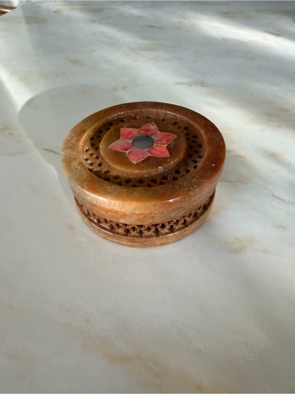 Handcrafted Brown Stone Trinket Box with Floral Inlay